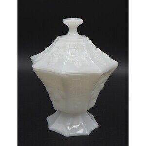 Anchor Hocking Milk Glass Pedestal Lidded Candy Dish Grape Pattern Paneled